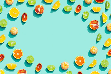 Summer fruits frame, bright juice citrus, lemon, orange, tangerine and lime on blue background. Healthy fruit food.