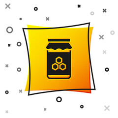 Black Jar of honey icon isolated on white background. Food bank. Sweet natural food symbol. Yellow square button. Vector.