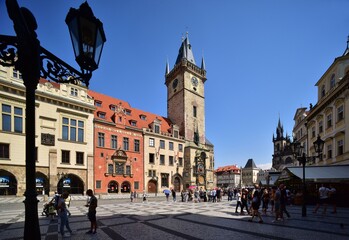 Obraz premium Old Town Hall in Prague shown in summer with blue sky, Central Bohemia, Czech Republic.