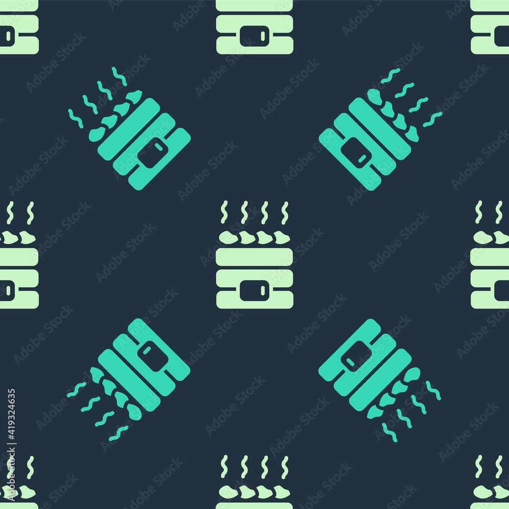 Sticker green and beige hot sauna stones icon isolated seamless pattern on blue background. spa resort recre