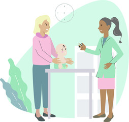 Pediatrician vaccinates to a baby with mother. Childrens doctor give a vaccination to little kid. Vector illustration for concept of immunity, health, vaccines against viruses and diseases