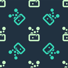 Fototapeta premium Green and beige Bar of soap icon isolated seamless pattern on blue background. Soap bar with bubbles. Vector.