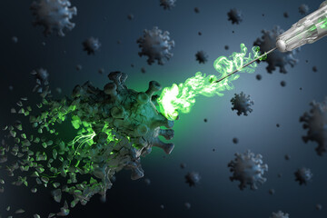 Kill, eliminate coronavirus. Destruction of virus with vaccine  – 3d render
