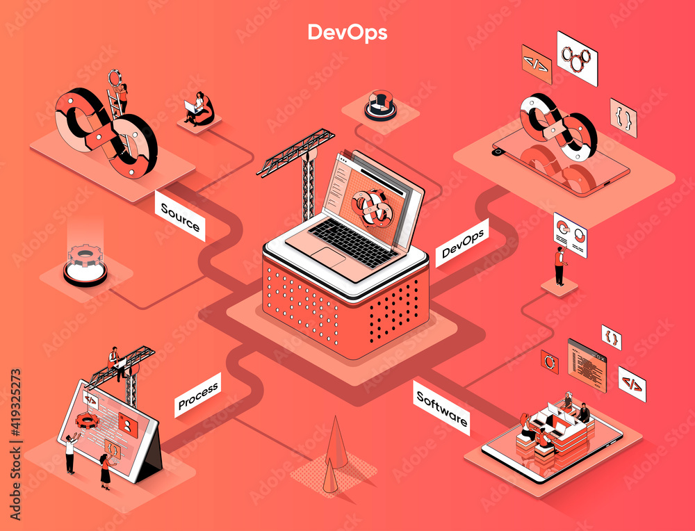 Poster devops isometric web banner. development and software operation flat isometry concept. culture of cr