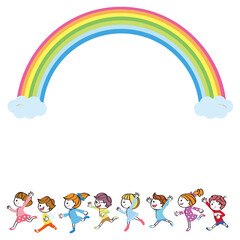 子供　虹　雲　子供集合　走る