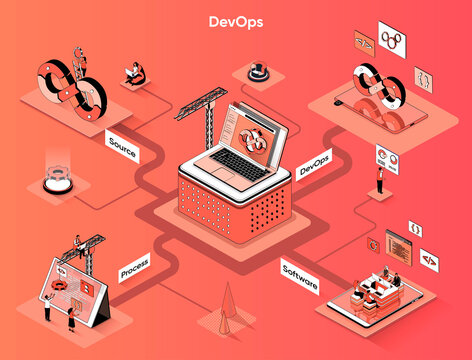 DevOps isometric web banner. Development and software operation flat isometry concept. Culture of creation IT product, success teamwork 3d scene design. Vector illustration with tiny people characters
