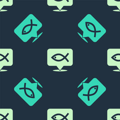 Green and beige Christian fish symbol icon isolated seamless pattern on blue background. Jesus fish symbol. Vector.