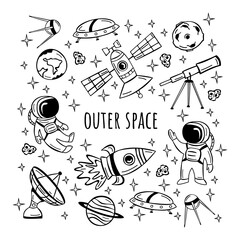 Obraz premium Hand drawn set with astronaut, satellite, rocket and planets in doodle style. Collection of hand drawn doodles outer space.