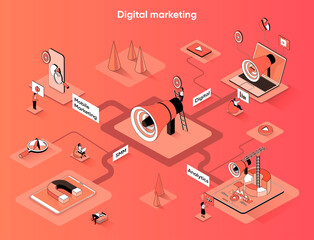 Digital marketing isometric web banner. Business communication and advertisement flat isometry concept. Data analysis, SMM promotion 3d scene design. Vector illustration with tiny people characters