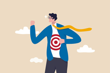 Recruitment target, head hunt, HR, human resources finding right candidate or target audience in marketing concept, businessman wearing eyeglasses tearing his suit reveal target symbol on his shirt.