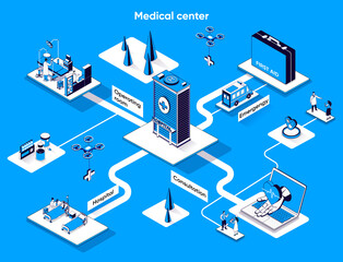 Medical center isometric web banner. Doctor consultation and treatment flat isometry concept. Emergency, hospital, operating room 3d scene design. Vector illustration with tiny people characters