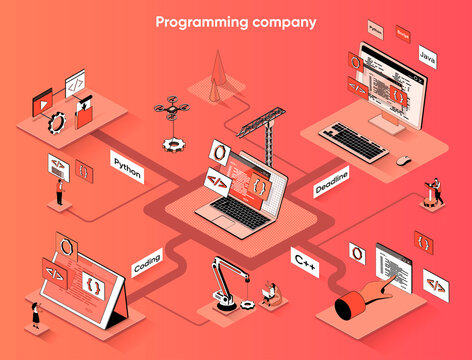 Programming company isometric web banner. Development and creation of software flat isometry concept. Coding and testing application 3d scene design. Vector illustration with tiny people characters