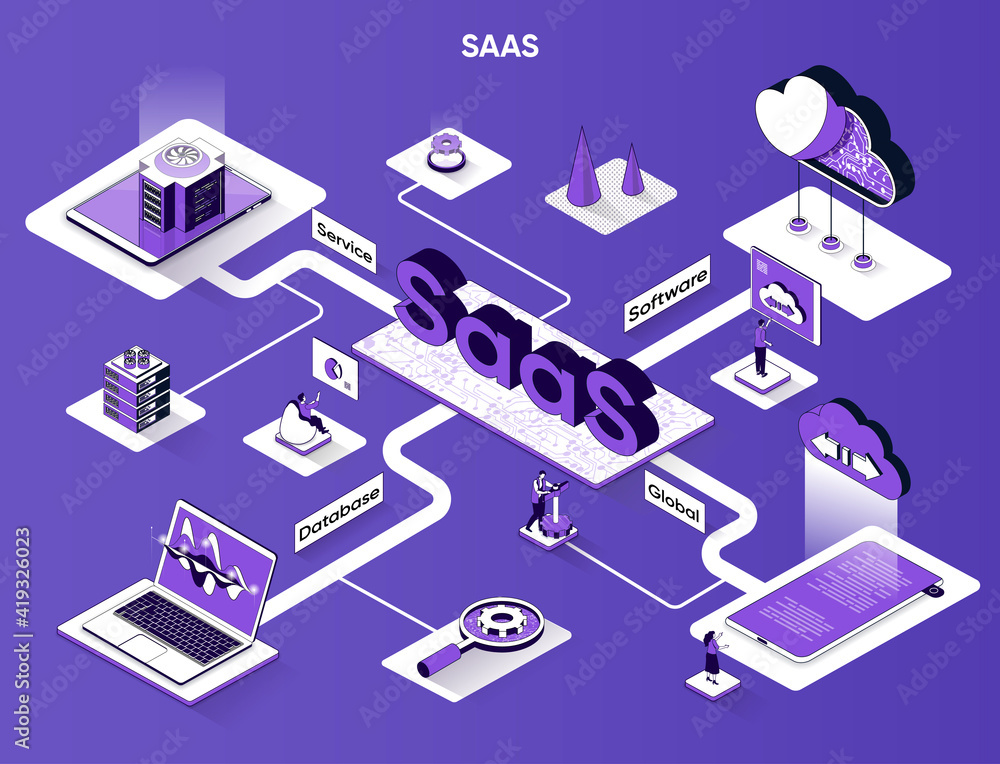Poster saas isometric web banner. software as a service flat isometry concept. global database, subscriptio