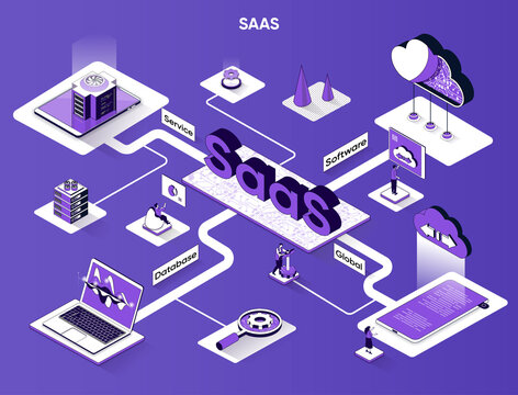 SaaS isometric web banner. Software as a service flat isometry concept. Global database, subscription software, cloud computing service 3d scene design. Vector illustration with tiny people characters