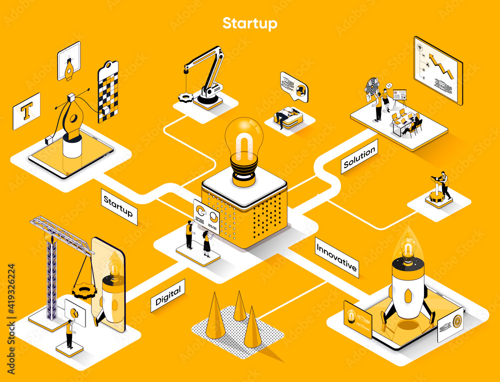 Fototapete Startup isometric web banner. Innovation solution of business flat isometry concept. Development of new products or services, teamwork 3d scene design. Vector illustration with tiny people characters
