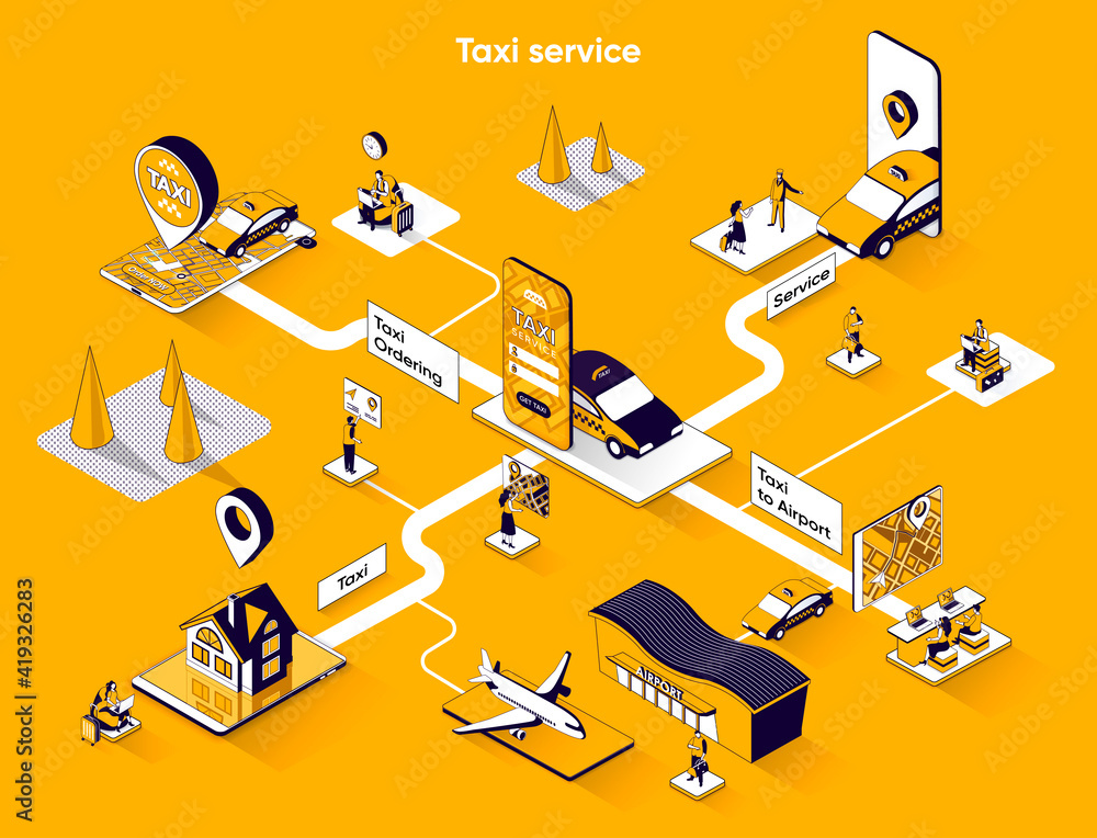 Aufkleber taxi service isometric web banner. passenger transportation or city transfer flat isometry concept. 
