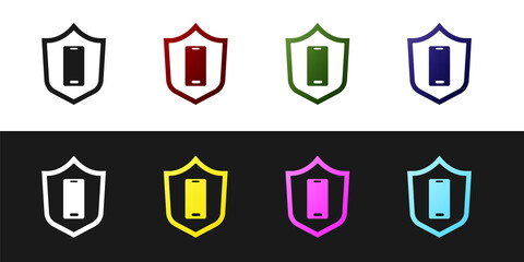 Set Smartphone, mobile phone with security shield icon isolated on black and white background. Security, safety, protection concept. Vector.