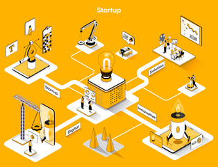 Startup isometric web banner. Innovation solution of business flat isometry concept. Development of new products or services, teamwork 3d scene design. Vector illustration with tiny people characters