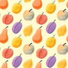 Pattern of watercolor fruits on a yellow background in a childish style