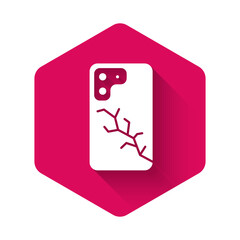 White Smartphone with broken screen icon isolated with long shadow background. Shattered phone screen icon. Pink hexagon button. Vector.