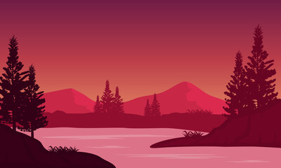 The beauty of the mountains view from the river bank at dusk with the silhouette of cypress trees around it. Vector illustration