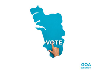 VOTE FOR INDIA GOA , male Indian Voter Hand with voting sign or ink pointing out , Voting sign on finger tip Indian Voting on blue background