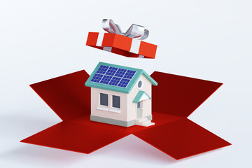 House with solar cell panel on roof out of red gift box on white background. 3d rendering illustration. Ecology environmental, energy saving concept.