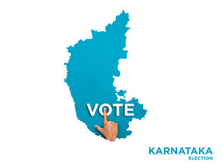 Obraz premium VOTE FOR INDIA KARNATAKA , male Indian Voter Hand with voting sign or ink pointing out , Voting sign on finger tip Indian Voting on blue background