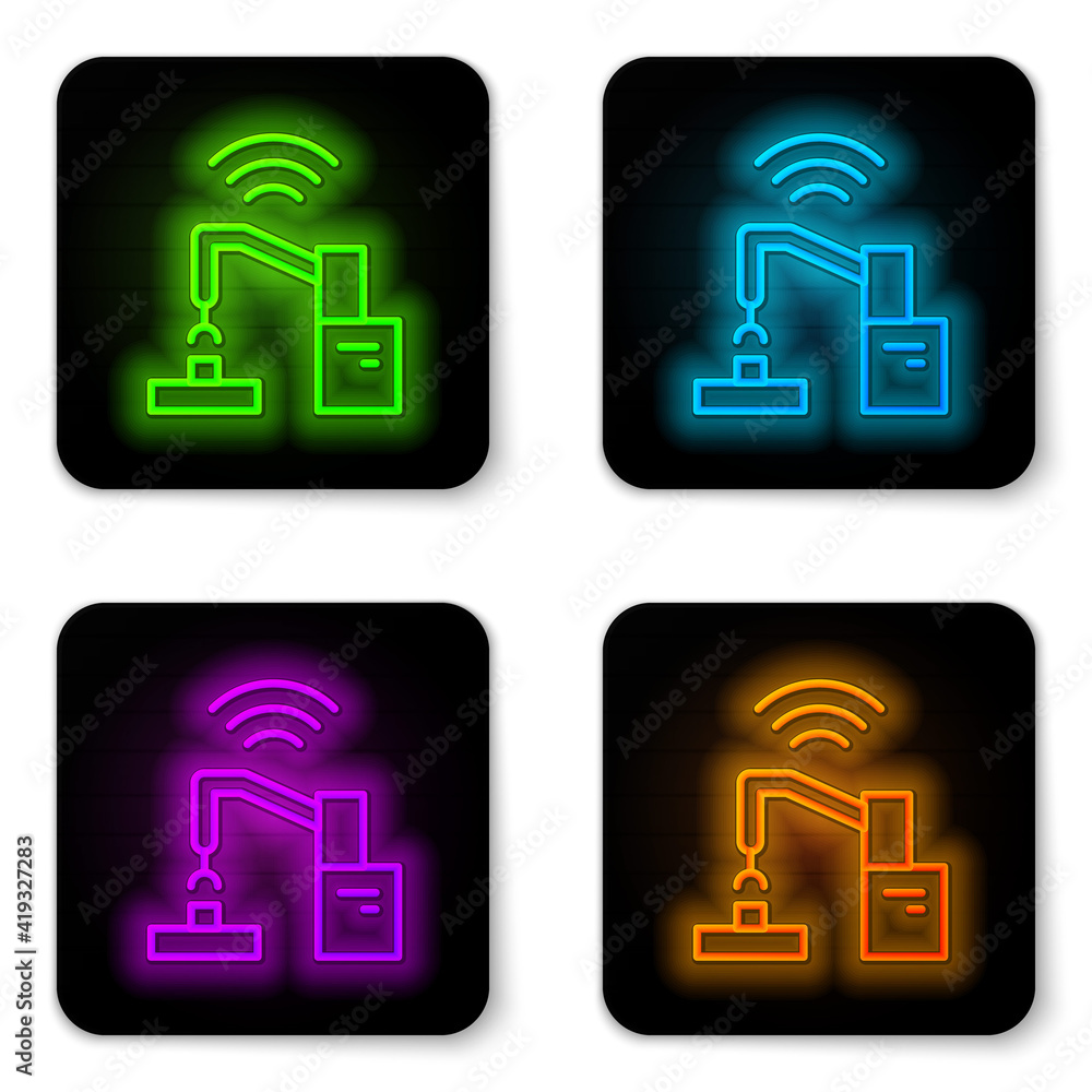 Poster glowing neon line industrial machine robotic robot arm hand factory icon isolated on white backgroun