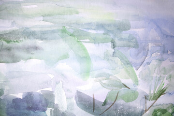 Watercolor brush strokes crumpled texture. Relax nature concept. Clouds and mist background.