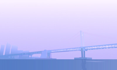 illustration depicting a bridge at maturing clock on the background of the outlines of a metropolis in a haze of fog