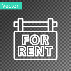 White line Hanging sign with text For Rent icon isolated on transparent background. Signboard with text For Rent. Vector.