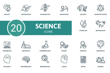 Science icon set. Contains editable icons science theme such as astrophysics, archeology, quantum physics and more.
