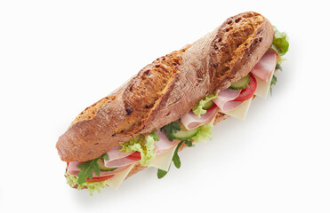 Tasty sandwich with ham and vegetables on table
