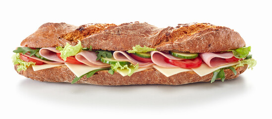Baguette sandwich with ham and fresh vegetables on table