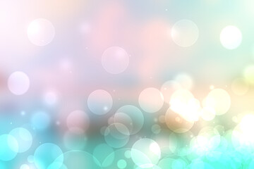 Obraz premium Abstract blurred fresh vivid spring summer light delicate pastel blue turquoise pink bokeh background texture with bright circular soft color lights and stars. Card concept. Beautiful backdrop illustr