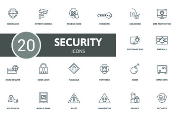 Security icon set. Contains editable icons security theme such as street camera, password, site protection and more.