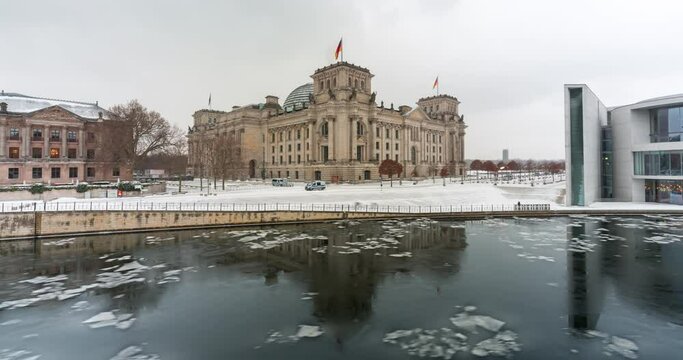 Time lapse of the Reichstag Berlin and spree river in the winter time with snow
