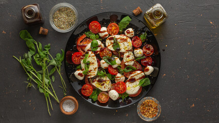 cooking and ingredients for caprese salad