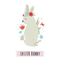 Happy Easter vector illustration with cute rabbit and flowers