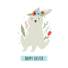 Happy Easter vector illustration with cute rabbit and flowers