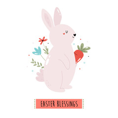 Happy Easter vector illustration with cute rabbit and flowers