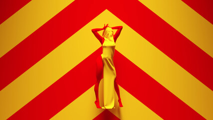 Yellow Red Woman Standing with Arms Up in a Abstract Dress with Yellow an Red Chevron Background 3d illustration render