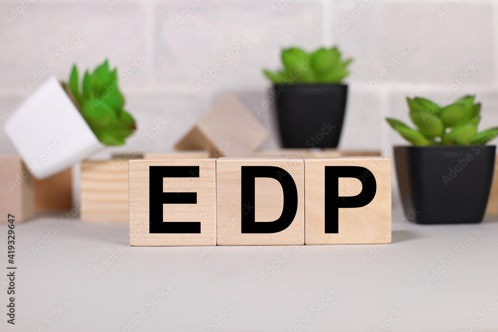 Poster concept image of business acronym edp as electronic data processing. text in black letters on wood b