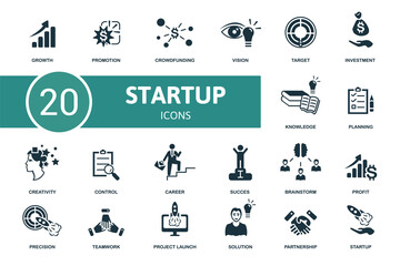 Startup icon set. Contains editable icons startup theme such as promotion, vision, investment and more.