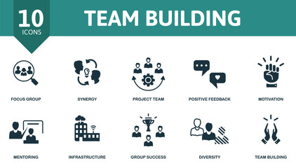 Team Building icon set. Contains editable icons team building theme such as synergy, positive feedback, mentoring and more.