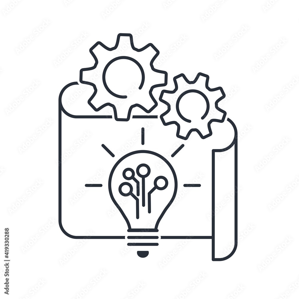 Poster experimental electronic technology. the process of implementing an idea. vector linear icon illustra