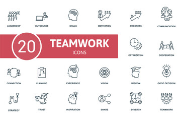 Teamwork icon set. Contains editable icons teamwork theme such as outsource, motivation, communication and more.
