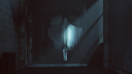 Obraz premium Floating Ghost Evil Spirit Arms Out Stretched in a Derelict Asylum Hospital 3d Illustration 
