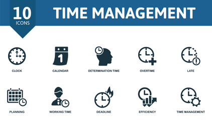 Time Management icon set. Contains editable icons time management theme such as calendar, overtime, planning and more.